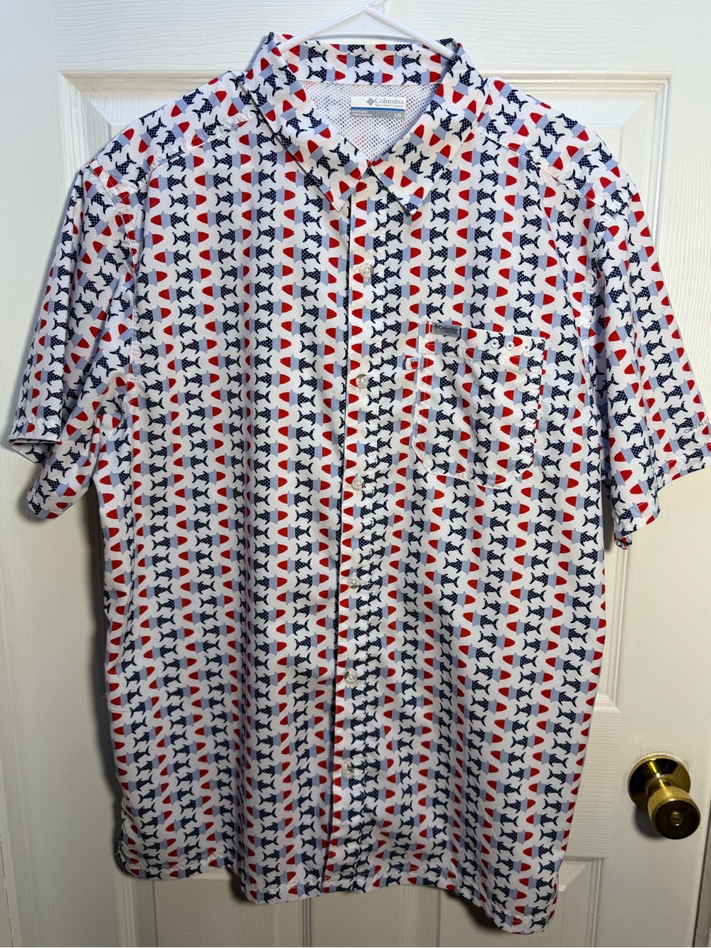 Men's Short Sleeve Button-Up Shirt - White with Red & Navy Pattern